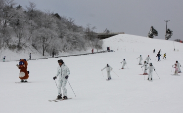 初滑りを楽しむスキーヤーとポンタ=茶臼山高原で