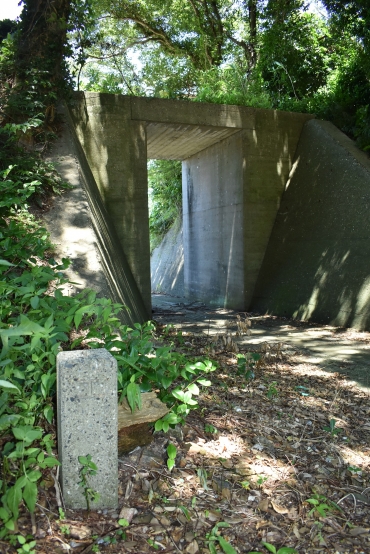 石神神明社近くに残るコンクリートの橋桁と境界標(手前)=田原市石神町で