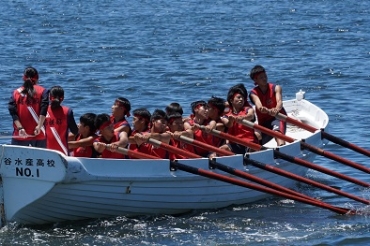 ボートを進める三谷水産の生徒=蒲郡市栄町の沖合で