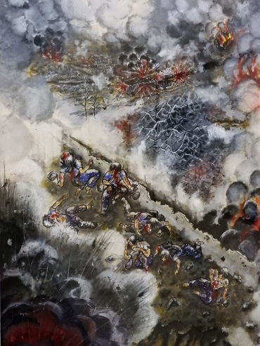 古川さんが描いた「豊川海軍工廠被爆絵図」。後方で貨物列車が爆発している