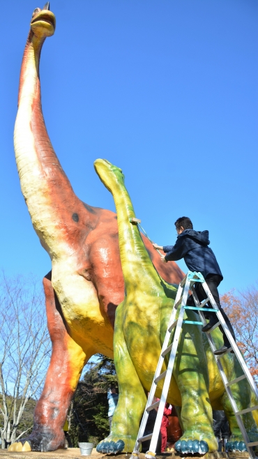 ブラキオサウルスの親子の汚れを落とす職員ら=豊橋市自然史博物館で