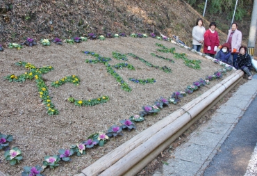 パンジーで「ただいま」の文字を入れた花壇=新城市海老須山で