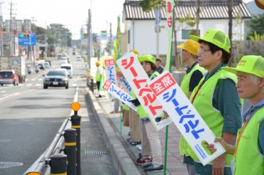 沿道で交通事故防止を訴える参加者ら=田原市役所前で