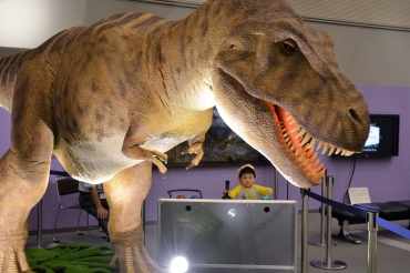 ティラノサウルスのロボットを操縦する少年=豊橋市自然史博物館で