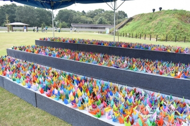 芝生広場に展示された2700羽の折り鶴=豊川海軍工廠平和公園で