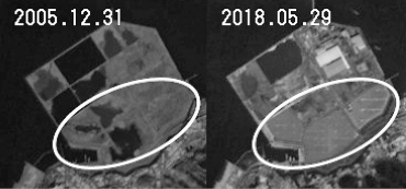 ASTER-VNIRで撮影された05年と18年の田原市白浜の埋立地を拡大、比較した画像。明るさは画像編集ソフトで調整している(NASA/METI/AIST/JSS ASTER提供)