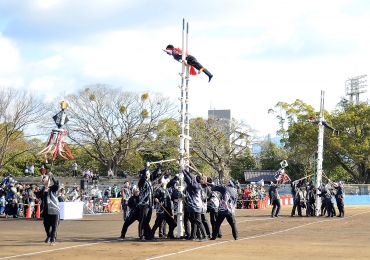 伝統のはしご演技を披露する福岡分団と大村分団=豊橋球場で