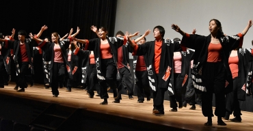 迫力ある演舞を披露するかわしん演舞団=豊川市文化会館で