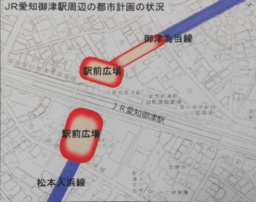 市による愛知御津駅周辺の都市計画(赤色部分が未整備)