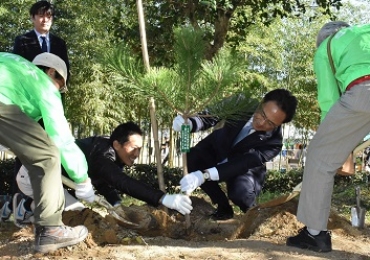 愛護会メンバーとマツを植樹するイチビキの中村社長㊨=御油の松並木で