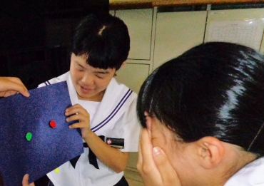 「視覚の死角」の授業で、眼球の死角を体感する生徒たち(豊川市立南部中提供)