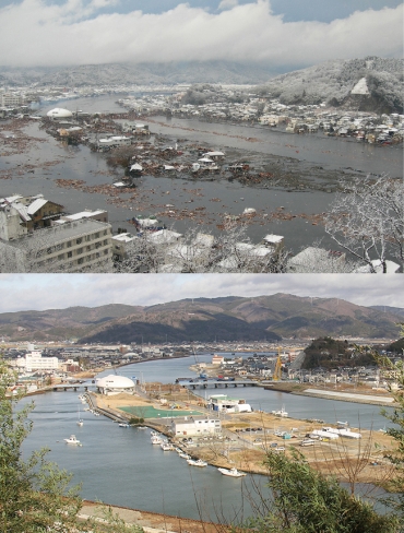 石巻市を日和山の北側から見た街並み。2011年3月11日撮影㊤と2016年12月17日撮影(宮城県石巻市提供)