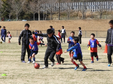 同志社大の部員とボールを追う子どもたち=豊川市サッカー場で