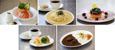 (上段左から)三河鮮魚の海鮮丼、金トビ志賀の冷やしきしめん、ブルーベリータルト(下段左から)三河食材の天ぷら、源氏和牛カレー(写真はいずれも提供)