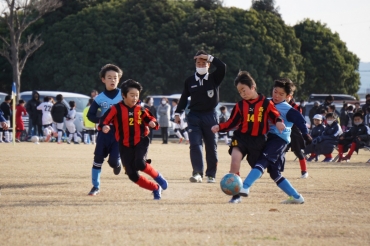 ボールを奪い合うFC豊橋リトルJと西高岡FC=かもめ広場少年サッカーグラウンドで