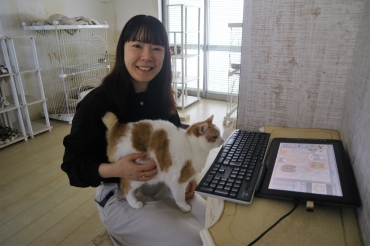 タブレットで漫画を描く鈴尾さん。猫がまとわりつく=豊橋市内で