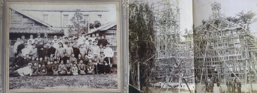 日露戦争のロシア人捕虜と豊橋の信者㊧、聖堂の上棟式。木造であることが分かる(写真は伊藤さん提供)