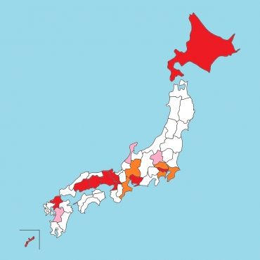 赤は緊急事態宣言が、オレンジはまん延防止等重点措置が6月20日まで続く地域。ピンクは措置が6月13日で終了する県