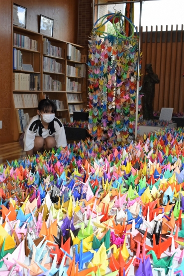 平和を祈る折り鶴と米国から贈られた千羽鶴(後方)=豊川市平和交流館で