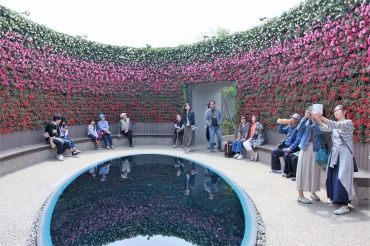 360度バラに囲まれる「フラワーオーバル」コーナー=蒲郡市海陽町のラグナシアで