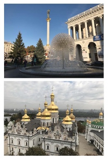 キエフの観光名所「独立広場」㊤と「ペチェールスカ大修道院」(長濱浩さん撮影)